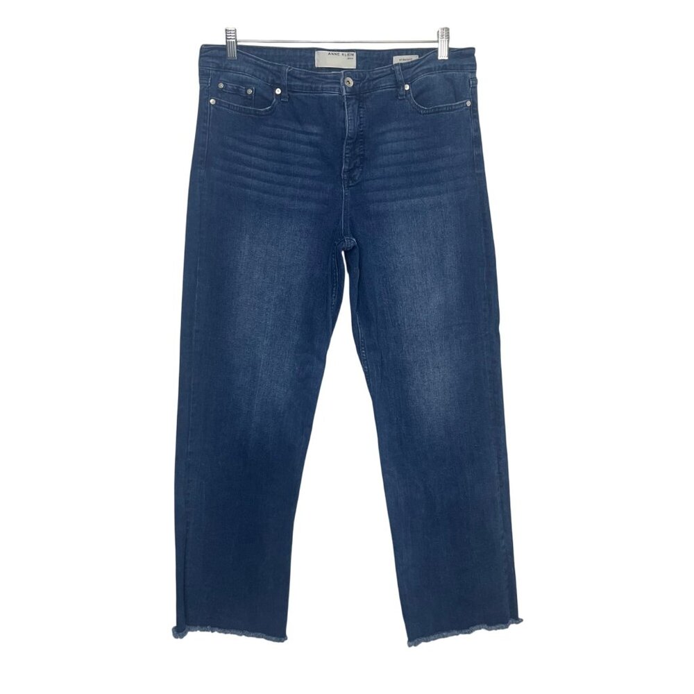 Anne Klein Straight Leg Jeans Womens Size 16 Dark Wash Frayed Hem